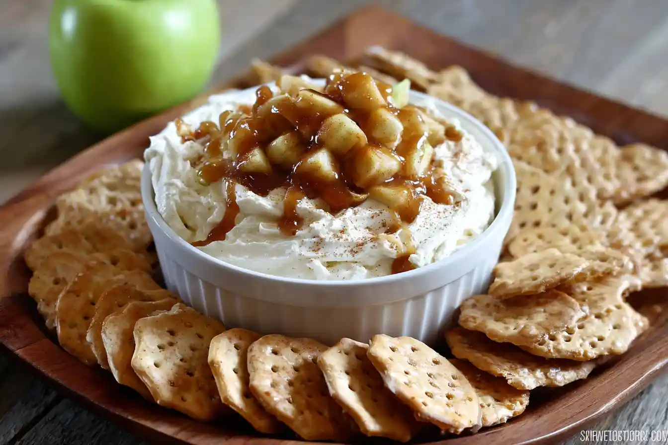 A creamy caramel apple cheesecake dip is presented in a white bowl, garnished with apple slices and a rich caramel drizzle, ready for serving.