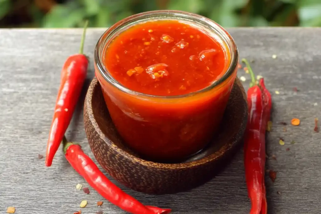 A close-up shot of a clear bottle filled with vibrant red Cayenne Pepper Sauce, ready to be poured.