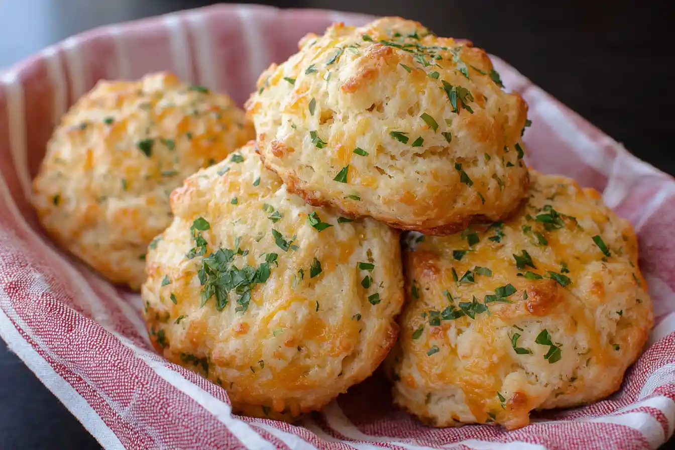 A close-up shot of several golden-brown Cheddar Bay Biscuits, glistening with butter and sprinkled with parsley, arranged on a rustic plate.