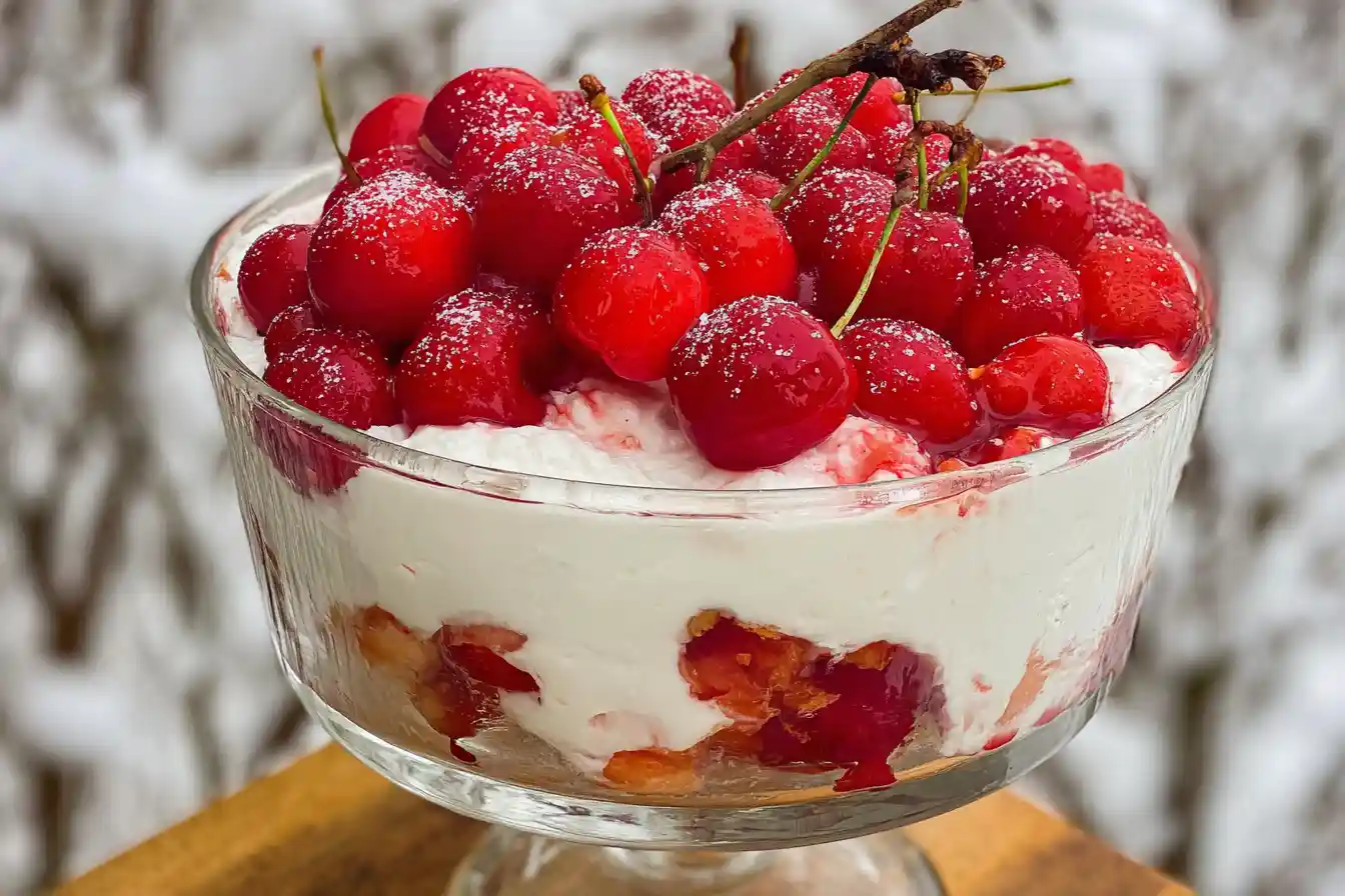 A close-up shot shows vibrant red cherries nestled in a pristine white blanket of snow, perfectly illustrating Cherries in the Snow.
