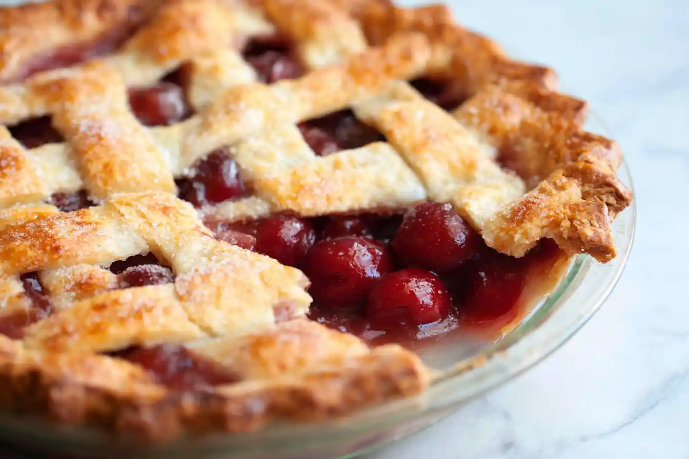 A freshly baked Cherry Pie with a golden lattice crust, showcasing its vibrant red fruit filling, rests on a cooling rack.