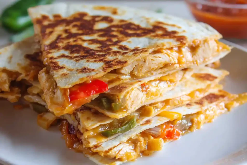 A plate of golden-brown, triangularly cut Chicken Quesadillas, garnished with fresh cilantro and served with a side of salsa and sour cream.