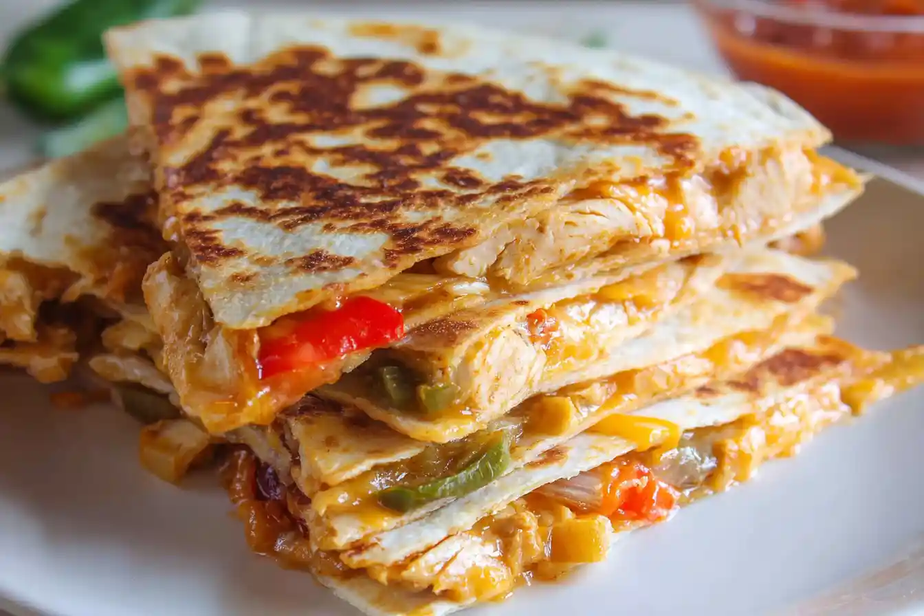 A plate of golden-brown, triangularly cut Chicken Quesadillas, garnished with fresh cilantro and served with a side of salsa and sour cream.
