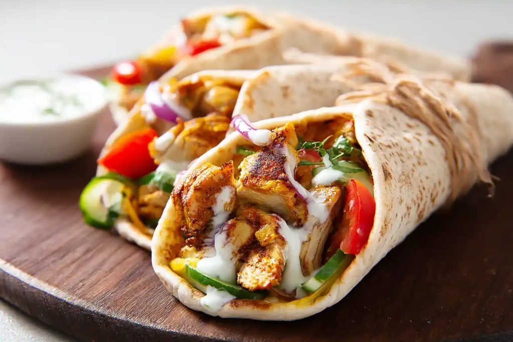 A delicious chicken shawarma wrap, sliced in half to display the succulent chicken, fresh veggies, and sauce.