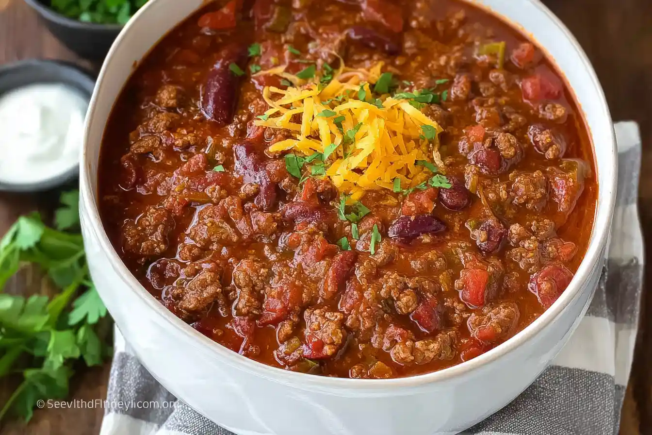 A rustic bowl of homemade chili, garnished with cheese and fresh herbs, sits on a wooden table, inviting viewers to explore a new chili recipe.