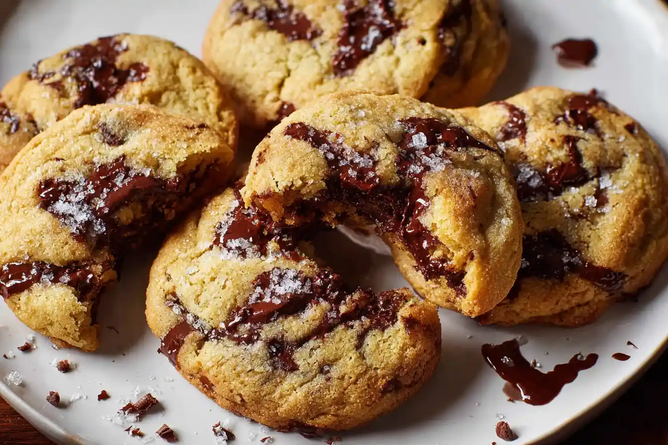 A close-up view of warm, golden-brown Chocolate Chip Cookies with melty chocolate chips, stacked on a cooling rack.