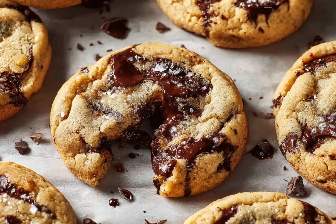 A close-up of several warm, golden-brown Chocolate Chip Cookies on a baking sheet, featuring melted chocolate chips.