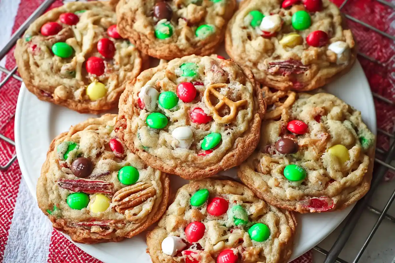 A festive platter piled high with various homemade Christmas Kitchen Sink Cookies, featuring colorful mix-ins and holiday sprinkles.