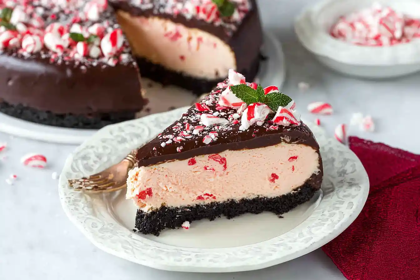 A festive Christmas Peppermint Cheesecake, elegantly garnished with crushed candy canes and fresh mint leaves, sits ready to be served.