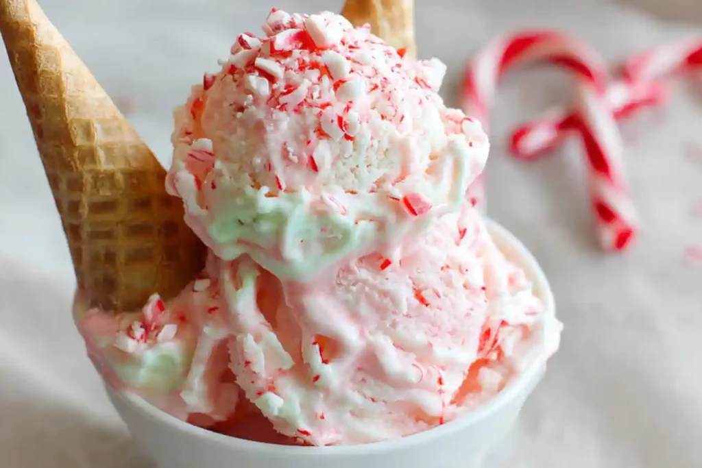 A festive scoop of creamy Christmas Peppermint Ice Cream, garnished with crushed candy canes in a holiday-themed bowl.