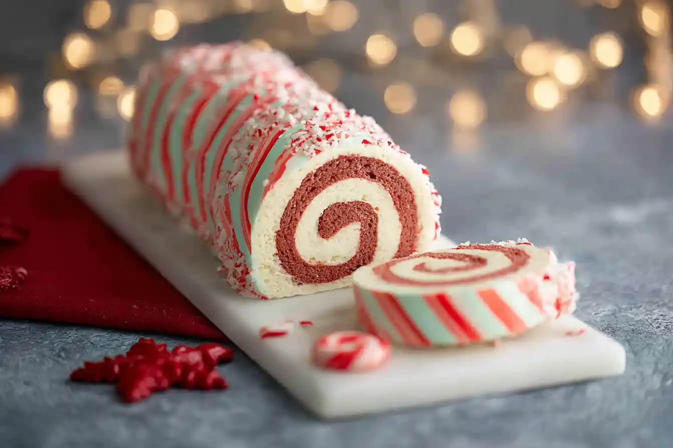 A festive Christmas Peppermint Roll Cake, sliced to reveal its swirl, decorated with white frosting and crushed red peppermint on a white plate.