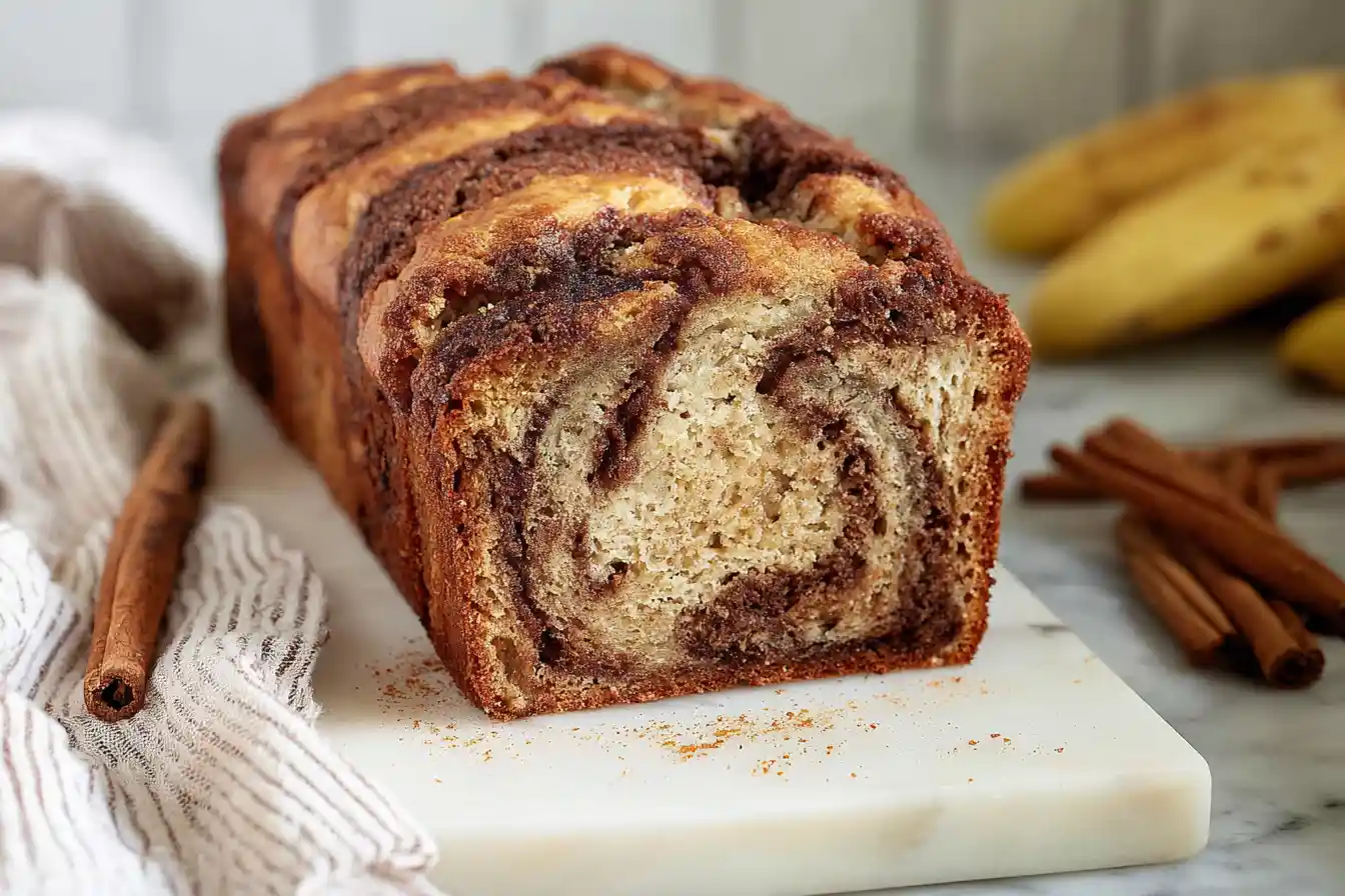 A perfectly baked loaf of Cinnamon Swirl Banana Bread rests on a rustic wooden cutting board, showcasing its golden-brown crust and a visible cinnamon ribbon through a cut slice.