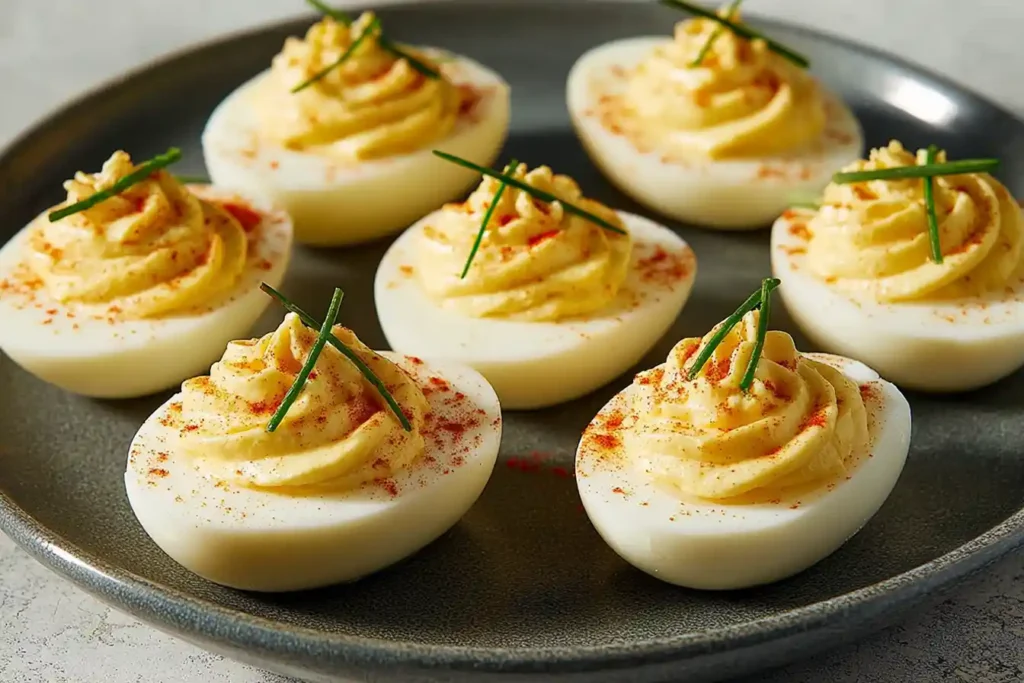 A close-up shot of a platter showcasing perfectly arranged Classic Deviled Eggs, garnished with a sprinkle of paprika and fresh chives.