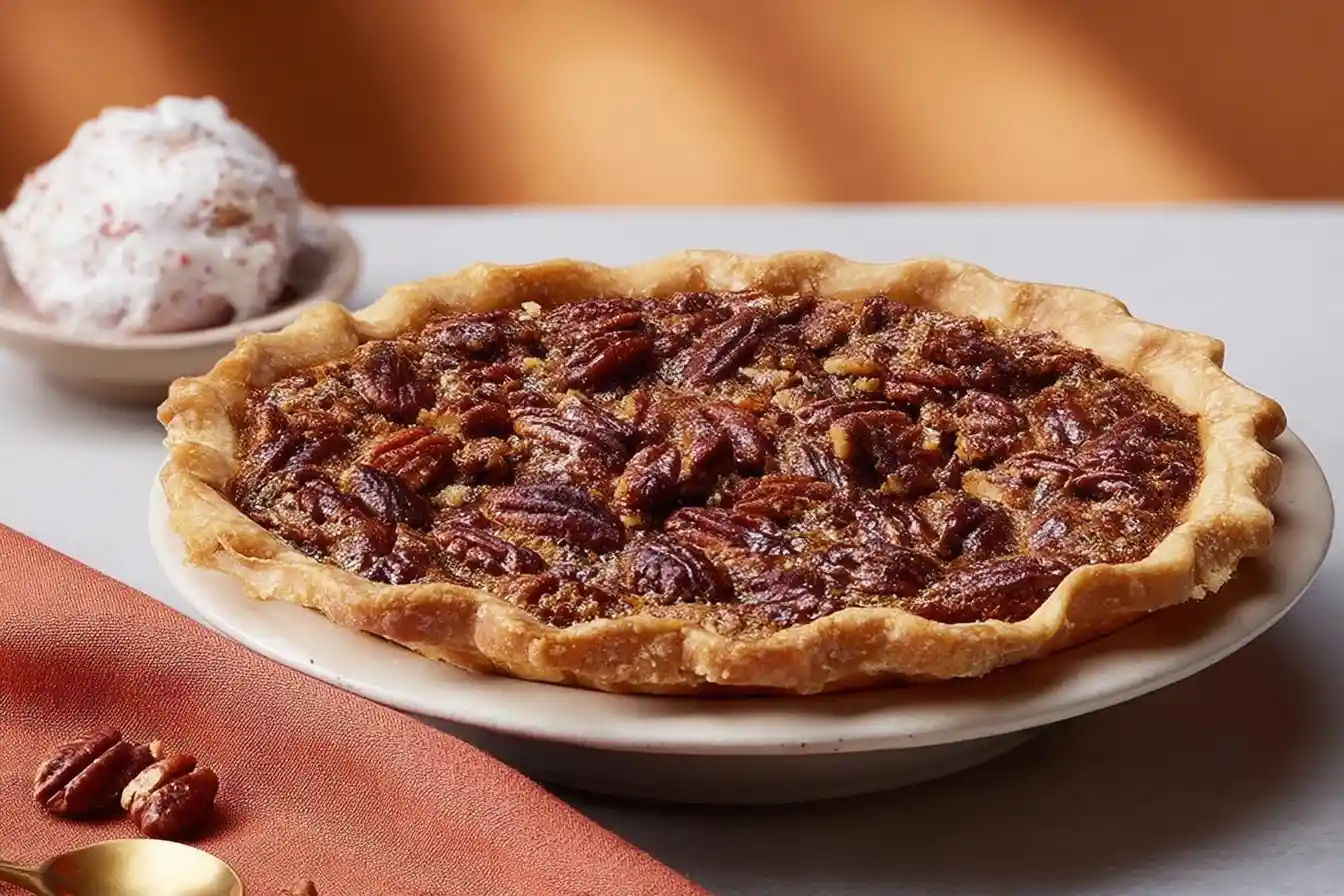 A perfectly baked slice of Classic Pecan Pie, glistening with its rich filling and topped with whole pecans, rests on a white plate.