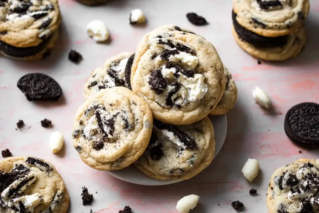 A close-up shot of a creamy dessert, richly swirled with dark cookie pieces, highlighting the delicious Cookies Cream flavor.