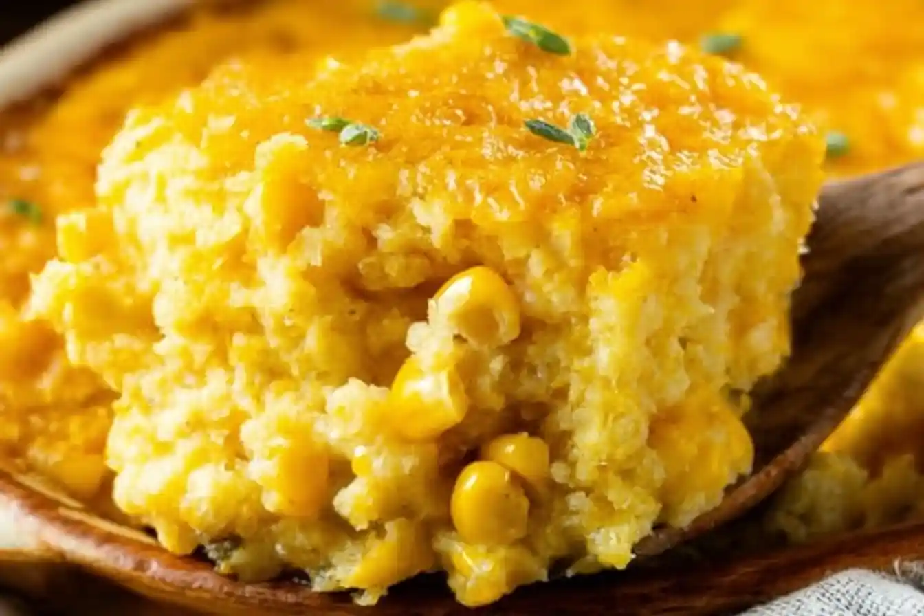 A golden-brown corn casserole is presented in a white baking dish on a rustic wooden surface.