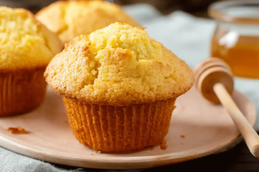 A close-up shot of several golden-brown Corn Muffins resting on a wire cooling rack.
