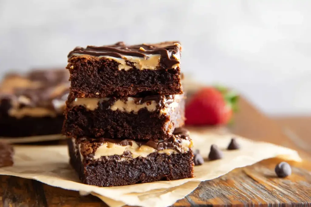 A close-up view of rich, fudgy Cottage Cheese Brownies cut into squares, resting on a wire cooling rack.