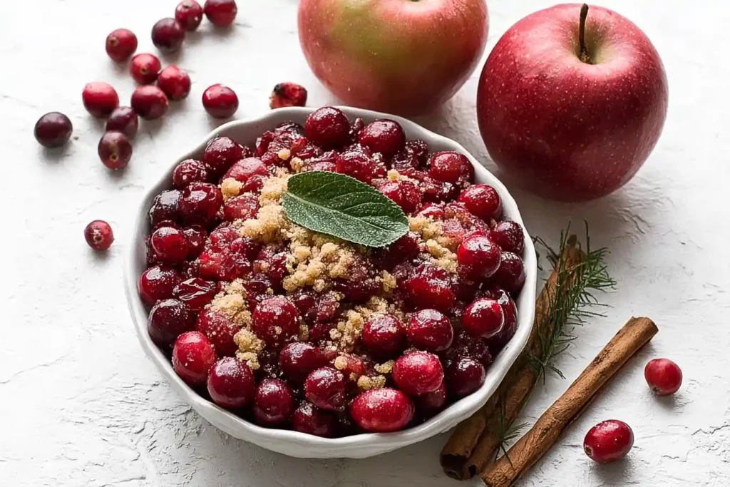 A rustic Cranberry Apple crumble, golden brown and bubbling, served in a white ceramic dish with a spoonful removed.