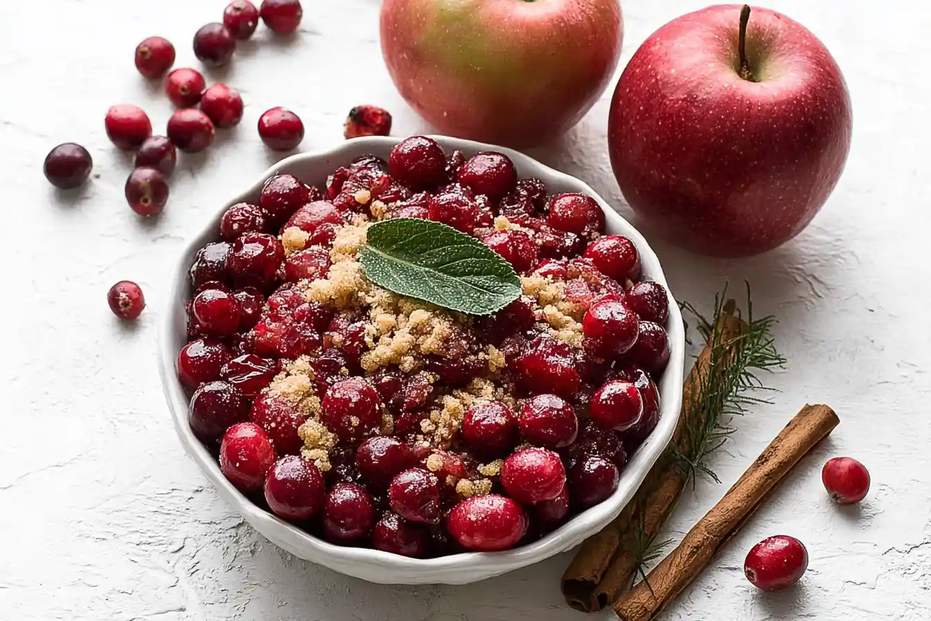 A rustic Cranberry Apple crumble, golden brown and bubbling, served in a white ceramic dish with a spoonful removed.
