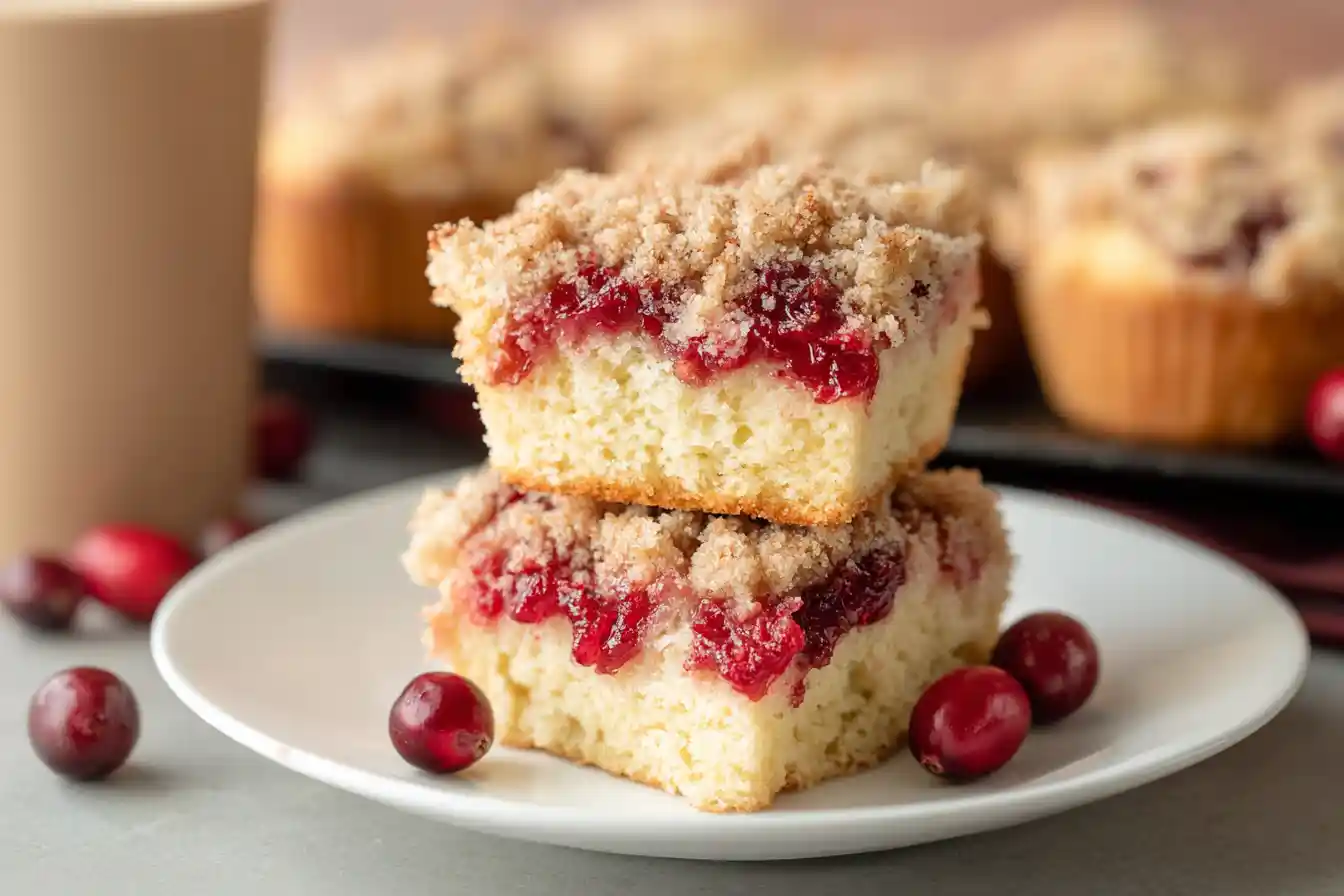 A close-up view of several golden-brown Cranberry Sauce Coffee Cake Muffins, each with a streusel topping and visible cranberry swirls.