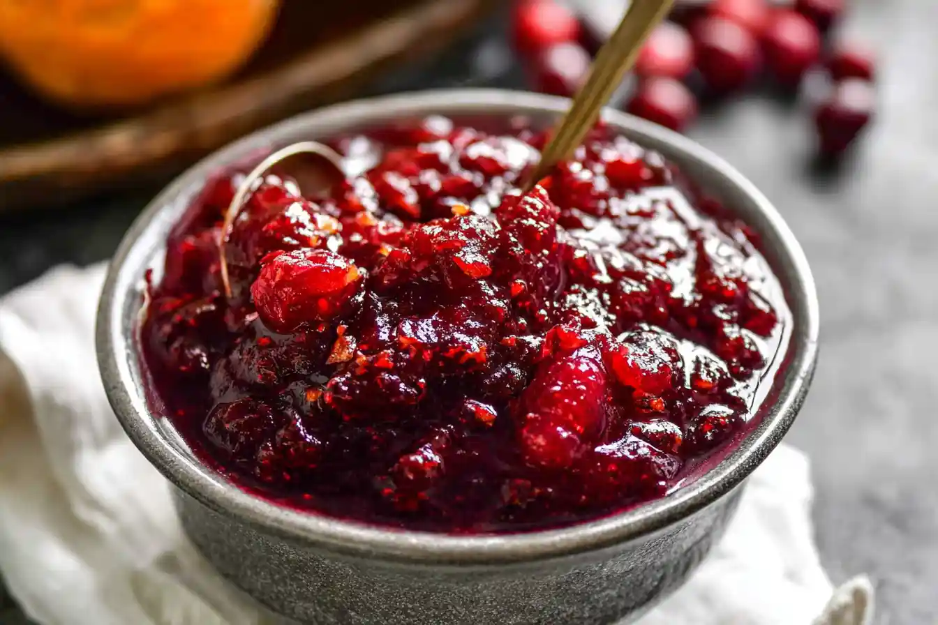 A vibrant bowl of homemade cranberry sauce, garnished with fresh cranberries and orange slices, highlights a delicious Cranberry Sauce Recipe.