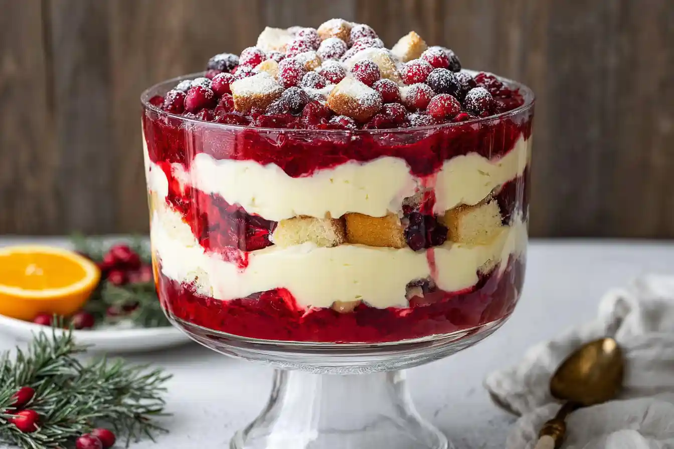 A vibrant Cranberry Trifle is elegantly layered in a clear glass bowl, showcasing whipped cream, cake, and glistening whole cranberries.