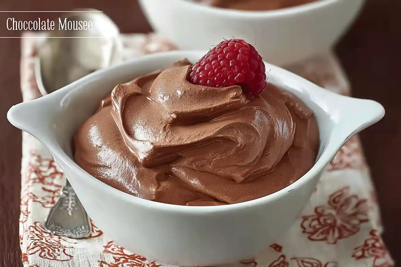 A close-up of a glass filled with rich creamy chocolate mousse, topped with chocolate shavings.