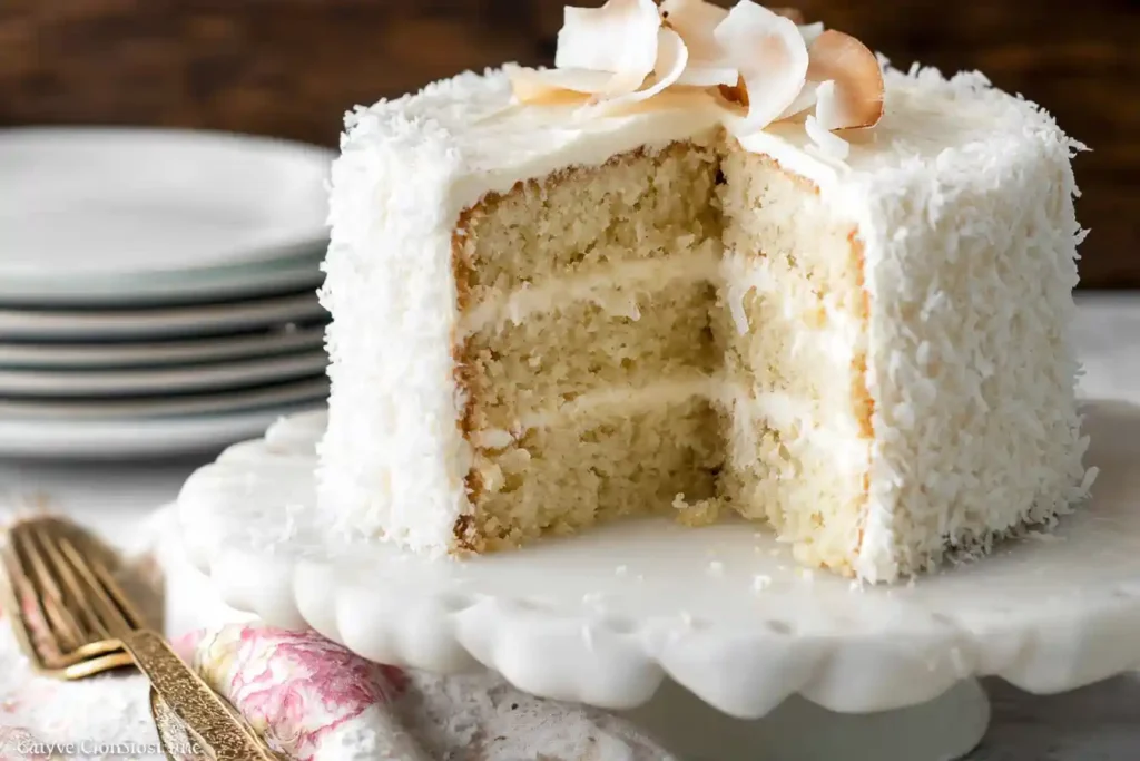 A beautifully frosted Creamy Coconut Cake topped with shredded coconut and a cherry, ready to be served.