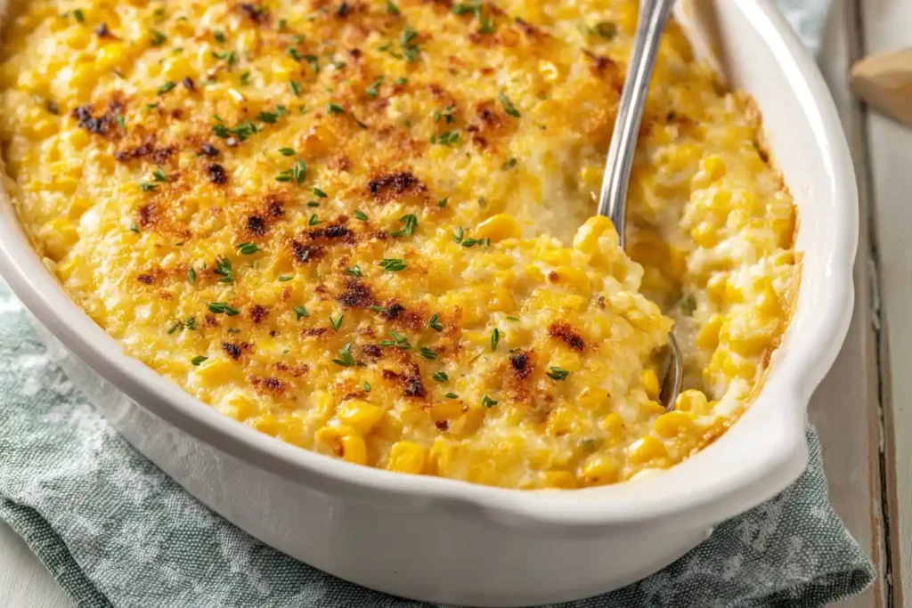 A golden-baked Creamy Corn Casserole bubbling in a ceramic dish, garnished with fresh green herbs.