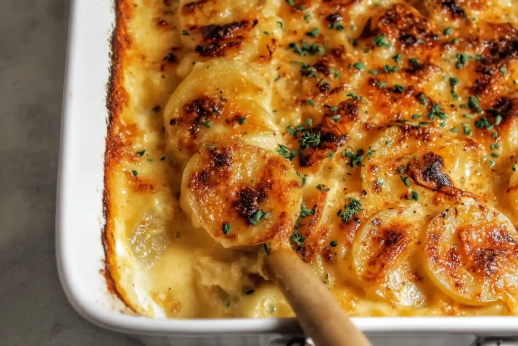 A close-up view reveals a baking dish filled with golden-brown, bubbly Creamy Gratin Potatoes, topped with melted cheese.