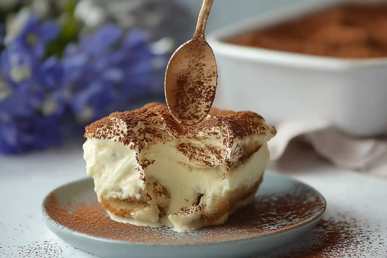 A close-up view of a perfectly portioned Creamy Tiramisu with visible layers of coffee-soaked ladyfingers and mascarpone cream, dusted with cocoa powder.