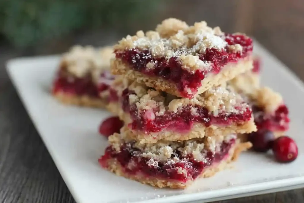 A close-up shot of several golden-brown squares of Delicious Christmas Cranberry Bars on a white serving plate.