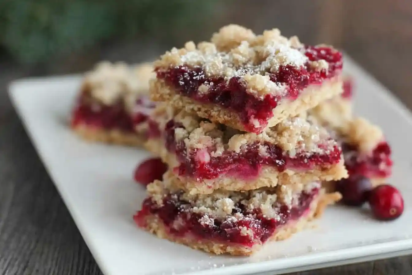 A close-up shot of several golden-brown squares of Delicious Christmas Cranberry Bars on a white serving plate.