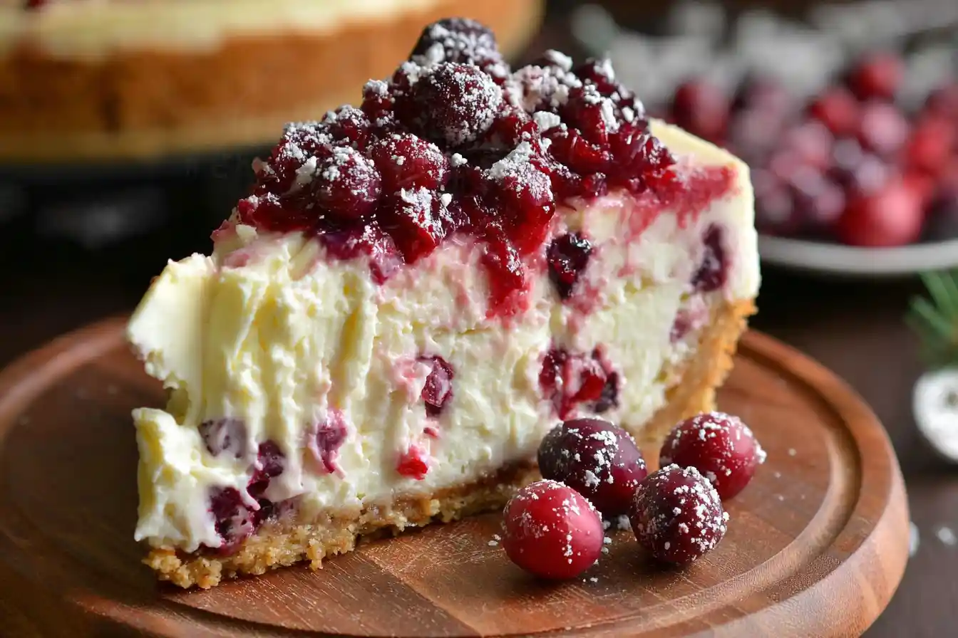 A close-up view of a slice of Delicious Christmas Cranberry Cheesecake on a white plate, garnished with fresh cranberries, rosemary sprigs, and a dusting of powdered sugar.