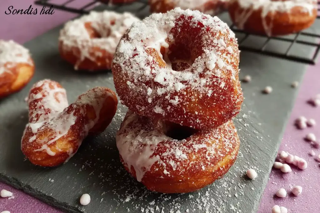 A plate of freshly baked, sugar-glazed donuts, tempting anyone to try a homemade donut recipe.