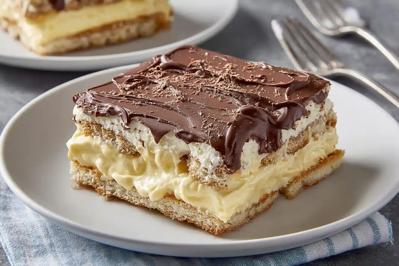 A close-up shot displays a beautifully prepared Eclair Cake with layers of golden choux pastry, creamy vanilla filling, and a glossy chocolate ganache topping.
