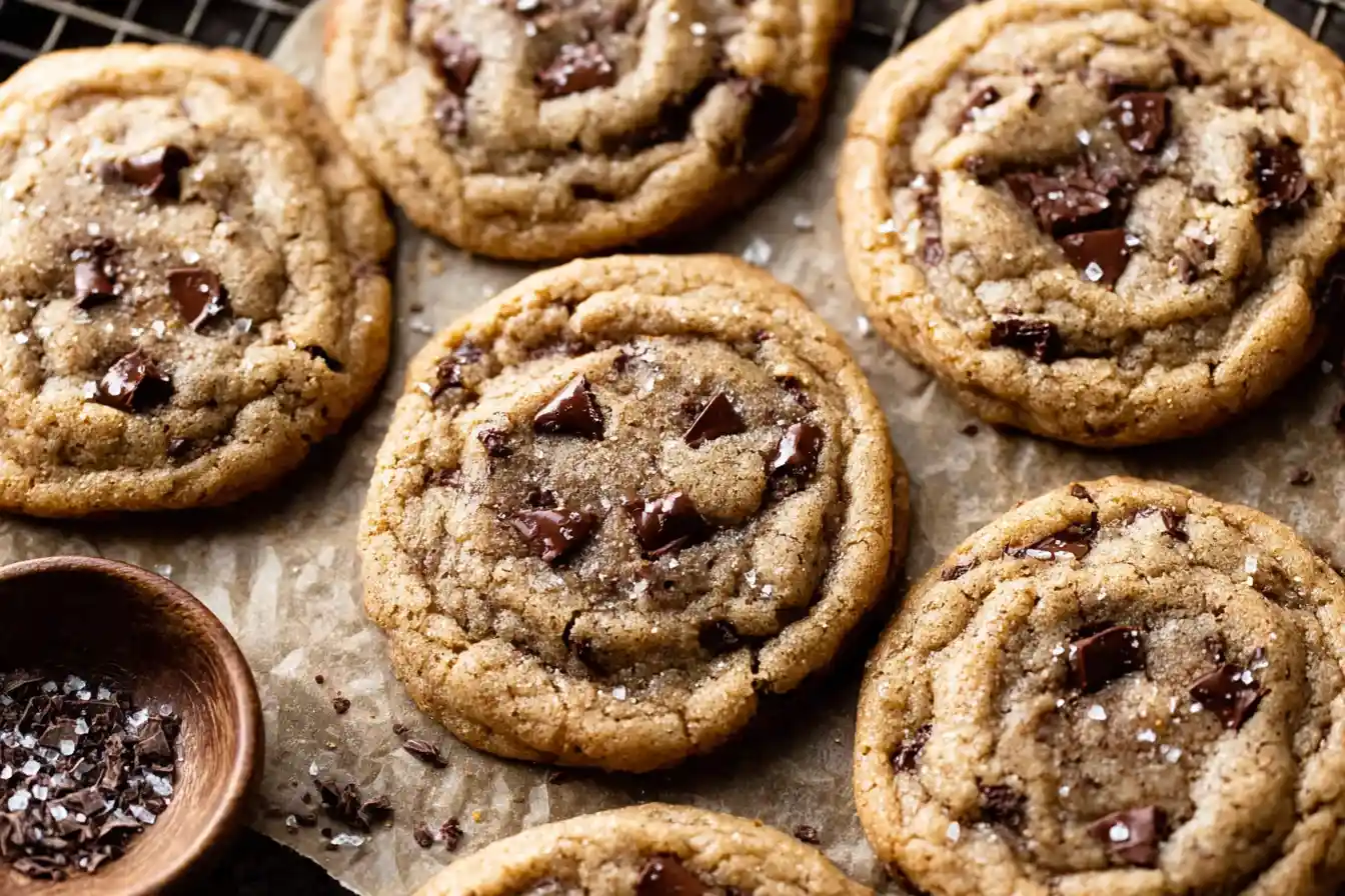 A close-up shot of several golden brown Espresso Chocolate Chip Cookies, some broken in half revealing melted chocolate chunks and a soft interior.