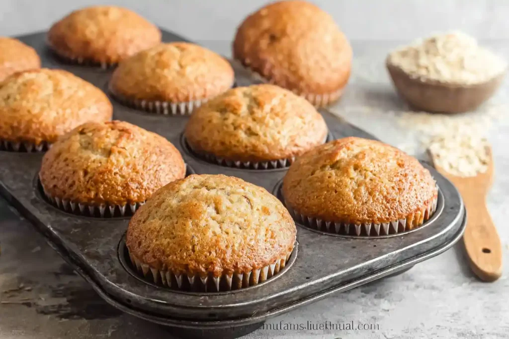 A close-up shot of several golden-brown Fluffy Banana Muffins with a perfectly domed top, cooling on a wire rack.