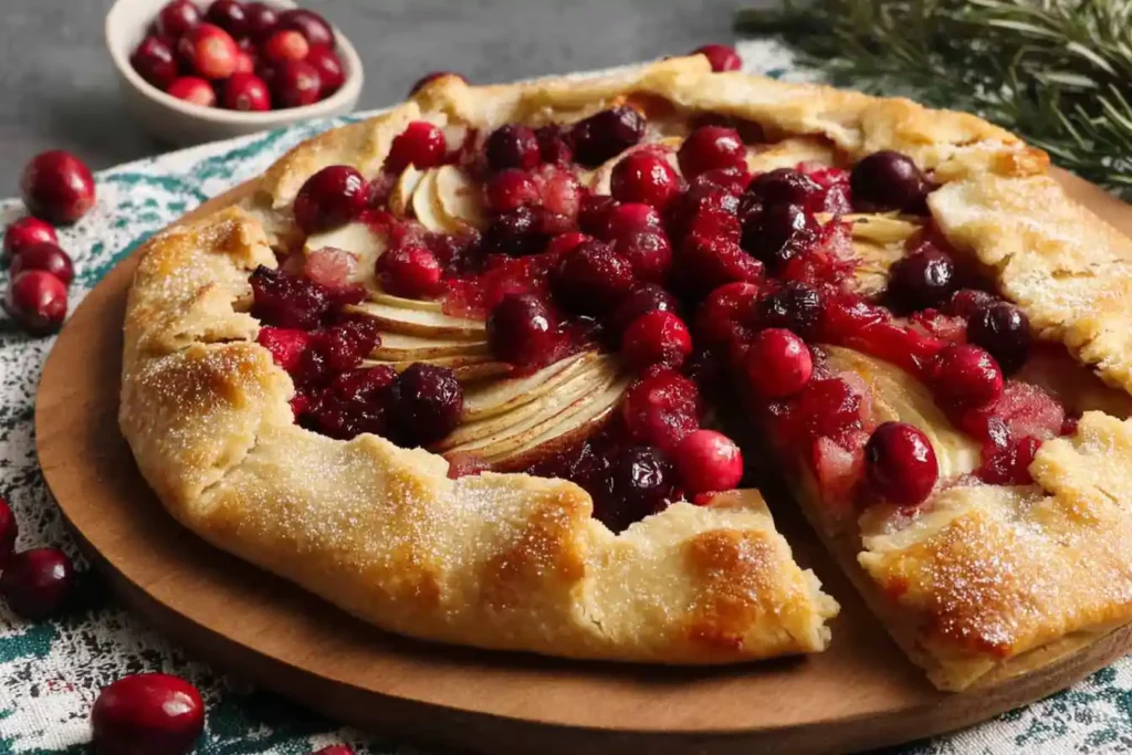A rustic, golden-brown Galette Cranberry with a flaky, crimped crust and a vibrant filling of whole red cranberries in the center.
