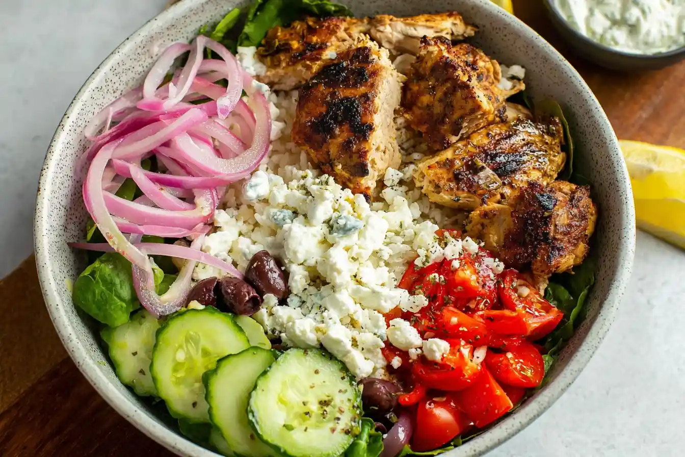 Three vibrant Greek Chicken Bowls are neatly arranged, each featuring grilled chicken, rice, fresh tomatoes, cucumbers, feta cheese, and a dollop of creamy tzatziki.