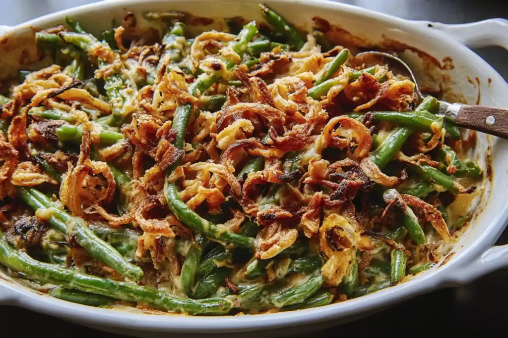 A close-up shot of a creamy Green Bean Casserole, baked to golden perfection and topped generously with crispy fried onions.