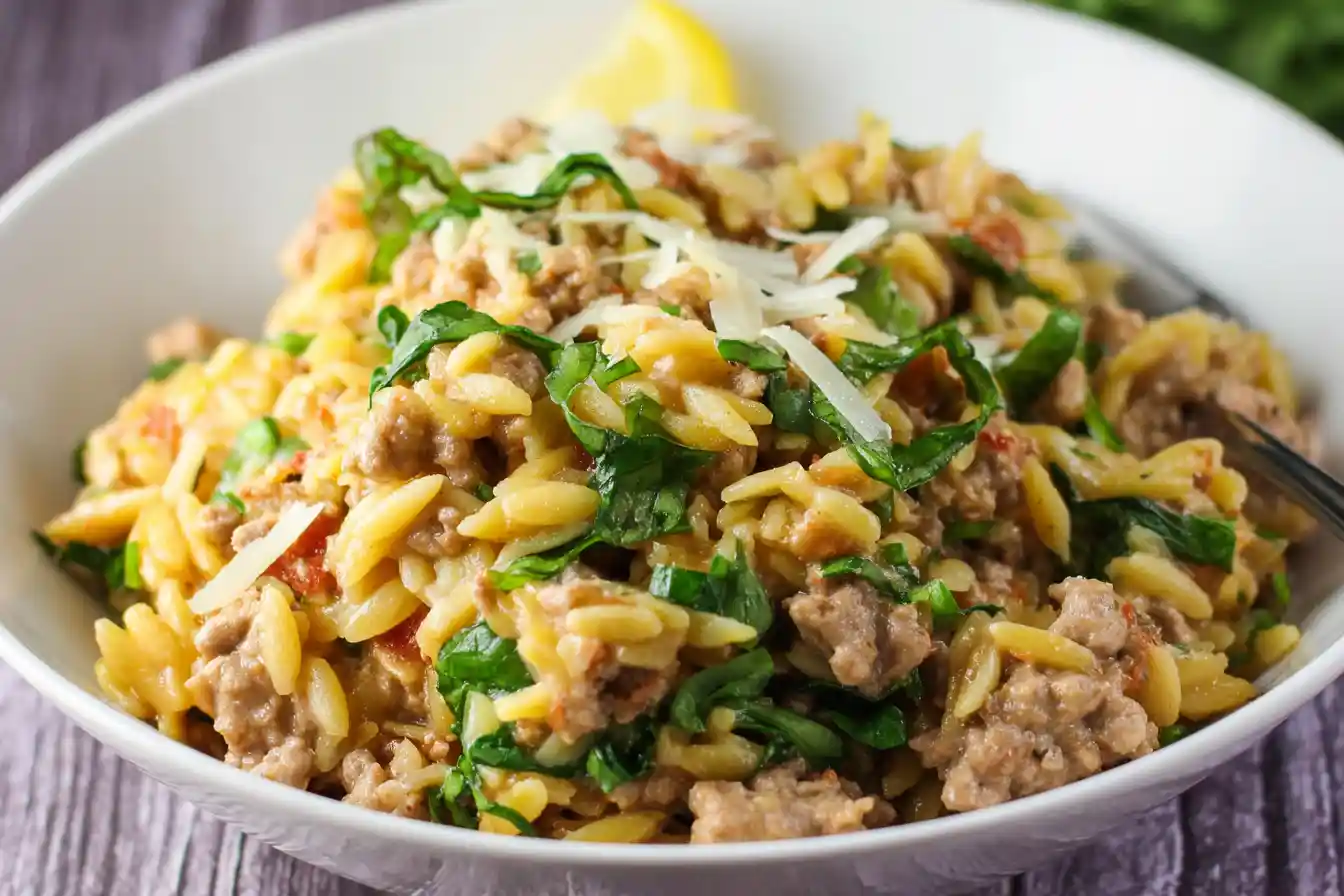A close-up shot of a steaming bowl of Ground Turkey Orzo pasta, garnished with fresh herbs and parmesan.