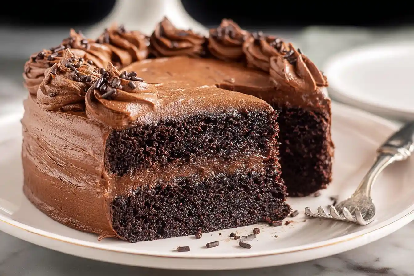 A perfectly sliced piece of moist, dark chocolate cake, glistening with rich frosting, showcasing an irresistible easy chocolate cake.