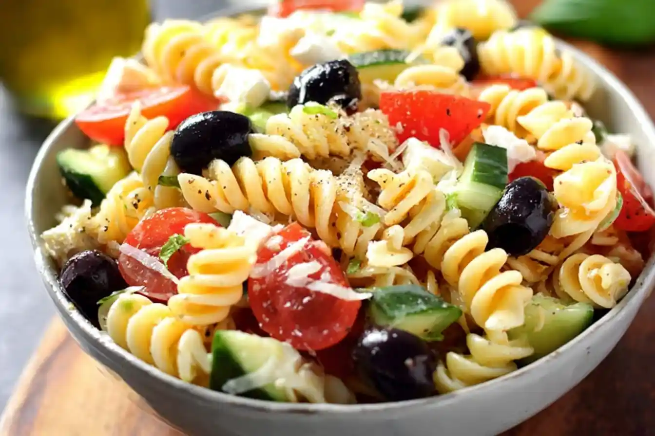 A vibrant bowl of Italian Pasta Salad featuring colorful pasta, cherry tomatoes, mozzarella balls, and fresh basil.