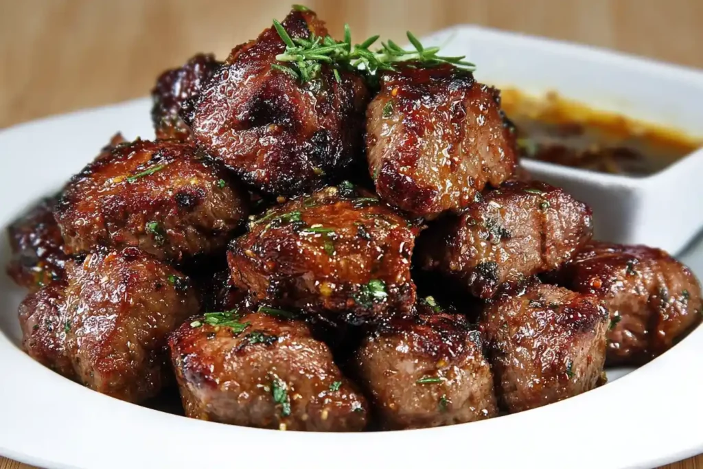 A close-up shot of perfectly seared, golden-brown Juicy Steak Bites garnished with fresh rosemary on a plate.