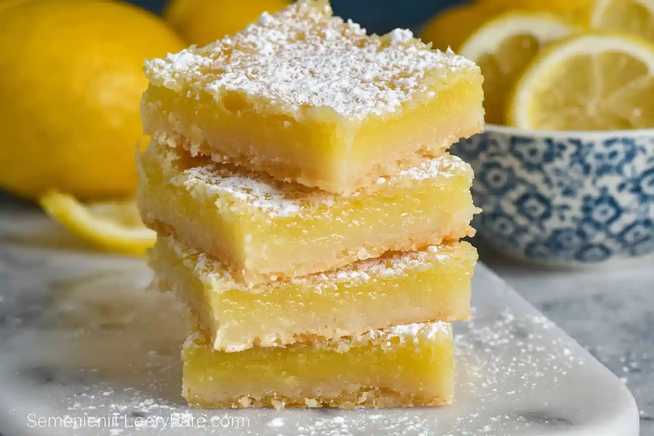 A close-up shot of several golden Lemon Bars Recipe squares, generously dusted with powdered sugar, arranged on a white plate.