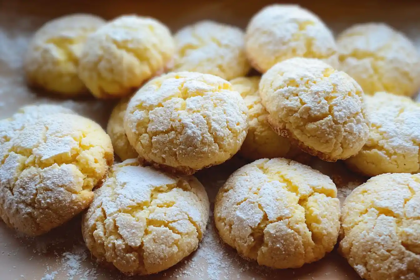 A plate of freshly baked lemon biscuits, lightly dusted with powdered sugar and garnished with lemon zest.