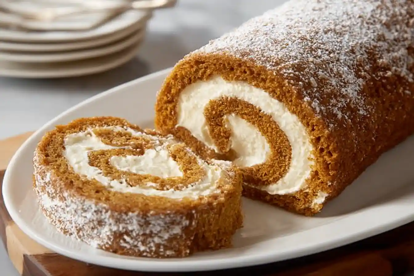 A beautifully sliced piece of Libbys Pumpkin Roll, showcasing its delicate spiral of pumpkin cake and cream cheese filling, rests on a white plate.