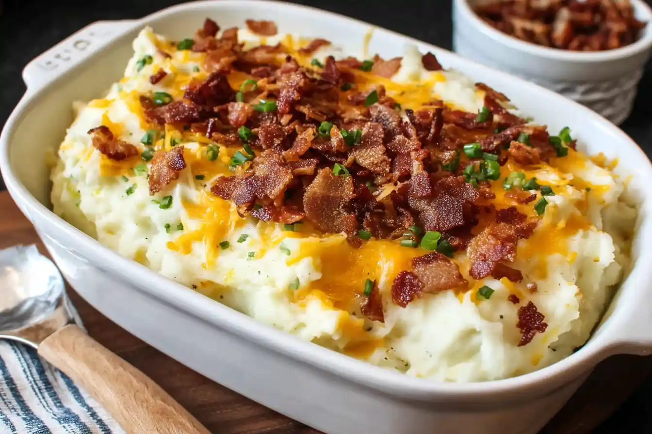 A rustic bowl of creamy, golden-brown Loaded Mashed Potatoes, generously topped with melted cheese, crispy bacon bits, and fresh green chives.